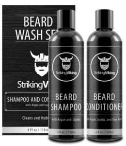 beard shampoo and beard conditioner for men, all-natural beard wash set cleanse softens & conditions with organic argan and jojoba beard oils, sulfate & paraben free by striking viking