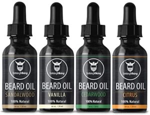 striking viking beard oil 4 pack – softening and conditioning beard oil for men – citrus, vanilla, sandalwood, & cedarwood variety scents – enriched with argan, & jojoba oils