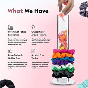 Eshazu Acrylic Scrunchie Holder Stand (12 Inches) – Wobble-Free & Clear Hair Tie Organizer with 3 Complimentary Premium Quality Velvet Scrunchies | Non-slip Grip Ponytail Holder Organizer – Gift for VSCO girls & women