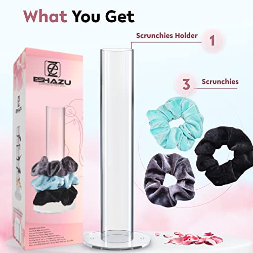 Eshazu Acrylic Scrunchie Holder Stand (12 Inches) – Wobble-Free & Clear Hair Tie Organizer with 3 Complimentary Premium Quality Velvet Scrunchies | Non-slip Grip Ponytail Holder Organizer – Gift for VSCO girls & women