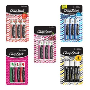 chapstick classic collection flavored lip balm tubes pack, lip moisturizer – 0.15 oz (box of 5 packs of 3)