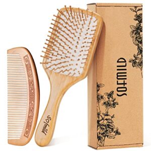 Hair Brush-Natural Wooden Bamboo Brush and Wooden Comb Set Paddle Hairbrush for Women Men and Kids Make Thick Curly Hair Health and Massage Scalp