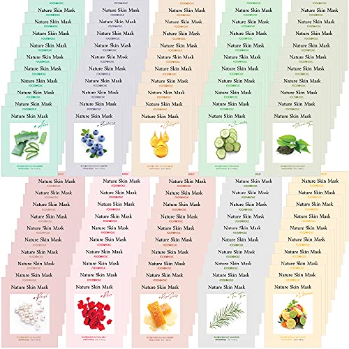 [ Nature Skin ] 100 Combo Pack Face Sheet Mask, Nude Sheet with Release Paper, Premium Quality Korean Facial Sheet Mask (10 x 10 Types : Aloe, Blueberry, Collagen, Cucumber, Green-Tea, Pearl, Rose, Royal-Jelly, Tea-Tree, Vitamin) FOODAHOLIC