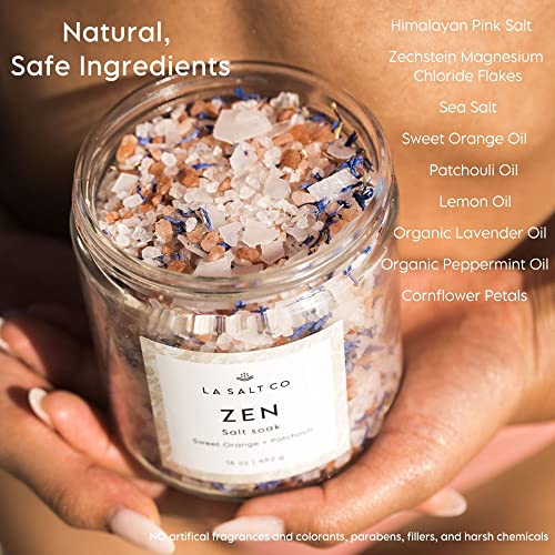 LA SALT CO Aromatherapy Bath Salt Soak, Zen | Mineral-Rich Himalayan Pink Salt & Magnesium Chloride, Sweet Orange, Lemon, Patchouli, Lavender & Peppermint | 16 oz