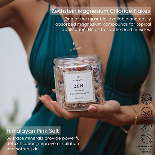 LA SALT CO Aromatherapy Bath Salt Soak, Zen | Mineral-Rich Himalayan Pink Salt & Magnesium Chloride, Sweet Orange, Lemon, Patchouli, Lavender & Peppermint | 16 oz