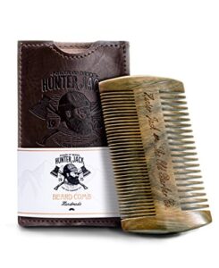 beard comb kit for men – great for head hair, beard grooming & mustache – sandalwood handmade premium wood – fine dual action teeth – beard care kit for men, gift “hunter jack” pu leather case