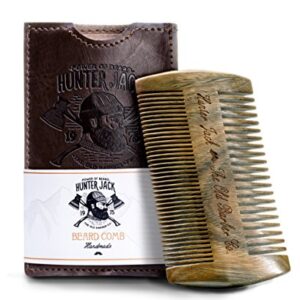 Beard Comb Kit for Men - Great for Head Hair, Beard Grooming & Mustache - Sandalwood Handmade Premium Wood - Fine Dual Action Teeth - Beard Care Kit for Men, Gift "Hunter Jack" PU Leather Case