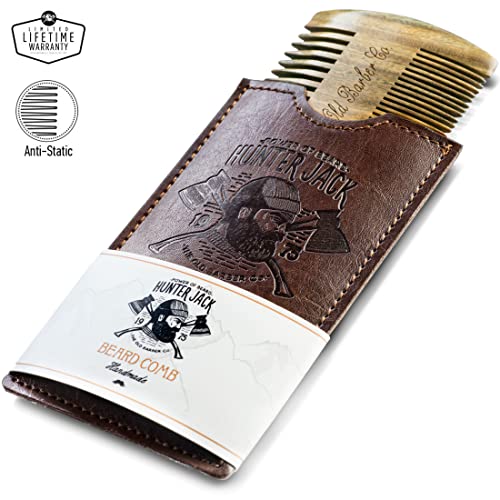 Beard Comb Kit for Men - Great for Head Hair, Beard Grooming & Mustache - Sandalwood Handmade Premium Wood - Fine Dual Action Teeth - Beard Care Kit for Men, Gift "Hunter Jack" PU Leather Case