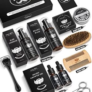 Beard Growth Kit, Beard Kit with Beard Roller, 2 Pack Beard Growth Oil,Beard Brush,Wash Conditioner for After Shave Lotions,Balm,Combs,Razor & Brush Stands Scissor, Christmas Fathers Gifts for Men