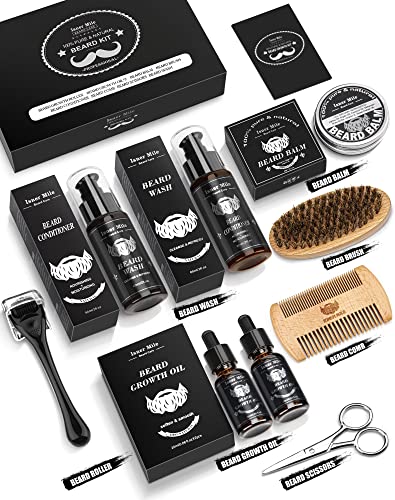 Beard Growth Kit, Beard Kit with Beard Roller, 2 Pack Beard Growth Oil,Beard Brush,Wash Conditioner for After Shave Lotions,Balm,Combs,Razor & Brush Stands Scissor, Christmas Fathers Gifts for Men