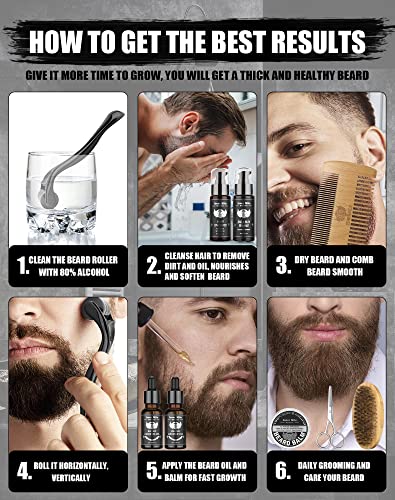 Beard Growth Kit, Beard Kit with Beard Roller, 2 Pack Beard Growth Oil,Beard Brush,Wash Conditioner for After Shave Lotions,Balm,Combs,Razor & Brush Stands Scissor, Christmas Fathers Gifts for Men