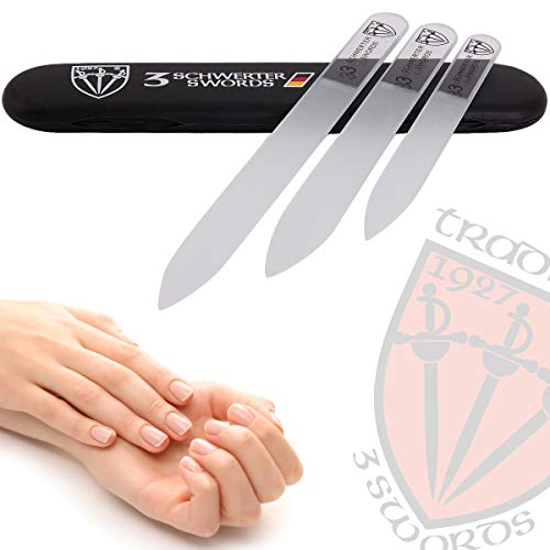 3 Swords Germany - Brand Quality Glass Nail File Set, 3 Pieces, Perfect for Natural Fake Gel Artificial Acrylic fingernail, incl. Black Plastic case