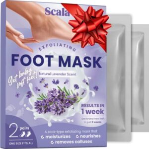 scala foot peel mask treatment (2 pack) dead skin remover for feet, dry cracked feet, exfoliator gel fixes cracked heels, peeling reveals baby soft smooth skin, lavender – birthday gifts for women