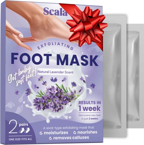 Scala Foot Peel Mask Treatment (2 Pack) Dead Skin Remover For Feet, Dry Cracked Feet, Exfoliator Gel Fixes Cracked Heels, Peeling Reveals Baby Soft Smooth Skin, Lavender - Birthday Gifts for Women