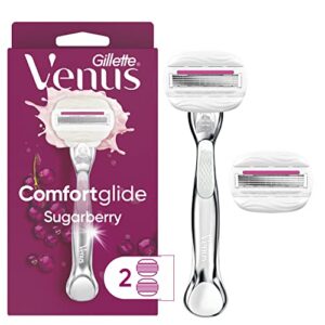 gillette venus comfortglide with olay sugarberry womens razor handle + 2 blade refills, silver, 1 count