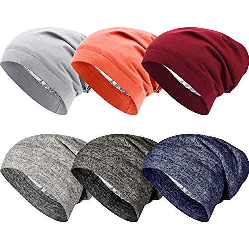 SATINIOR 6 Pieces Satin Lined Sleep Slouchy Cap, Hair Cap for Sleeping, Girl Headwear for Frizzy Curly Hair Women (Black, Dark Blue, Gray, Light Gray, Wine Red, Rusty Red)