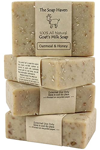 Oatmeal Soap - Pack of 4 Oatmeal & Honey, Goat Milk Soap Bars. All Natural, Unscented Soap - Wonderful for Sensitive Skin and Suitable for All Skin Types. SLS Free, NO Parabens. Handmade in USA.