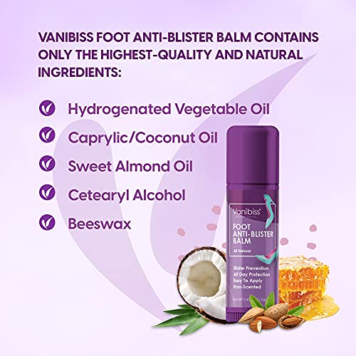 Vanibiss Foot Anti Blister Balm - Foot Blister Prevention - Anti Friction Balm Stick and Foot Chafing Relief - Heel Blister Blocker - Prevent Shoe Strap Friction - Natural Foot Care (0.45oz)