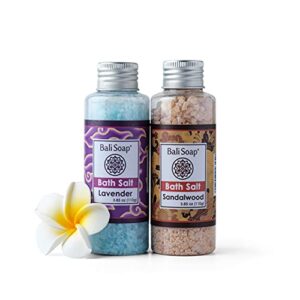 lavender & sandalwood bath salt gift set, ideal for sore muscles, detox, relax & stress reliever, small 2pc 3.8 oz each, by bali soap