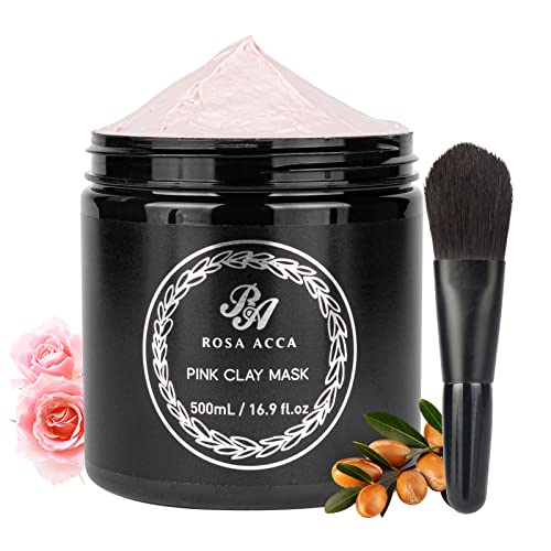 Pink Clay Mud Mask, with Bentonite Kaolin Pink Clay & Rose Extracts, Moisturizing & Anti Aging, Pores Minimizers, Skincare for Women & Men, All Skins, With Face Mask Brush, 500ml 16.9 fl.oz