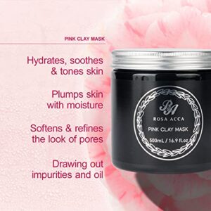 Pink Clay Mud Mask, with Bentonite Kaolin Pink Clay & Rose Extracts, Moisturizing & Anti Aging, Pores Minimizers, Skincare for Women & Men, All Skins, With Face Mask Brush, 500ml 16.9 fl.oz