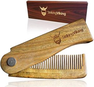 striking viking folding wooden comb – men’s hair, beard & mustache comb – pocket sized sandal wood comb for everyday grooming, use dry or with balms and oils – beard gift for men