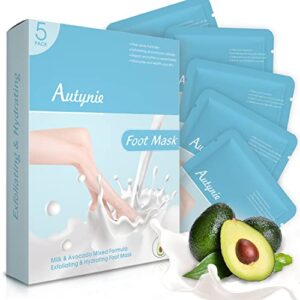 foot masks-5 pack,natural foot care exfoliating treatment repairs cracked heels,peeling away calluses and dead skin cells,make your feet baby soft & get a smooth skin -for men women（milk &avocado）