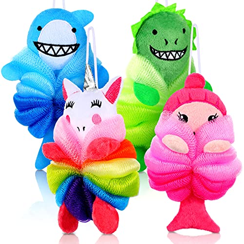 4 Pieces Animal Bath Loofahs Kids Body Loofahs Cartoon Shower Loofahs Cute Bath Sponges Pouf Body Scrubbers Mesh Loofah Sponges for Children Shower Baby Washing Exfoliating, 4 Styles (Vivid Style)