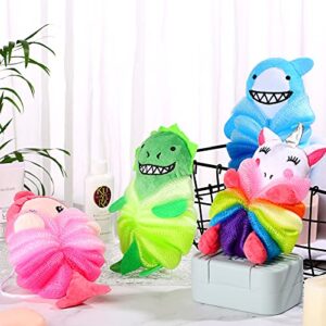 4 Pieces Animal Bath Loofahs Kids Body Loofahs Cartoon Shower Loofahs Cute Bath Sponges Pouf Body Scrubbers Mesh Loofah Sponges for Children Shower Baby Washing Exfoliating, 4 Styles (Vivid Style)