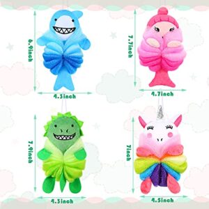 4 Pieces Animal Bath Loofahs Kids Body Loofahs Cartoon Shower Loofahs Cute Bath Sponges Pouf Body Scrubbers Mesh Loofah Sponges for Children Shower Baby Washing Exfoliating, 4 Styles (Vivid Style)