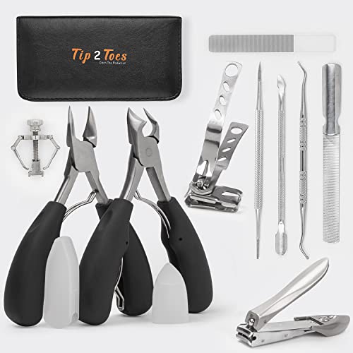TIP2TOES 10 Pcs Ingrown Toenail Clippers for Seniors Thick Toenails- Heavy Duty Podiatrist Toe Nail Cutter for Men, Professional, and Adults- Easy Grip Handle Stainless Steel Sharp Curved Grooming Kit