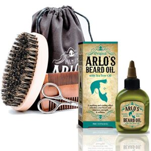 arlo’s 5-pc mens premium beard grooming kit w/ tea tree beard oil 2.5oz -beard oil, beard brush, beard comb, beard scissors & carry bag