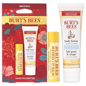 burts bees hive favorites kit – beeswax unisex 2021-0.15oz beeswax lip balm, 1.0oz body lotion with milk and honey, 2 piece set
