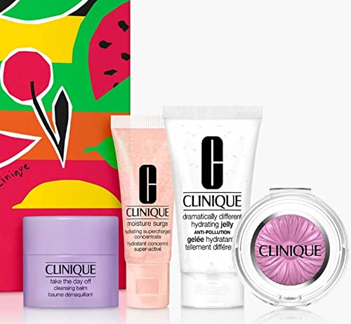 Clìnìque Fall Favorites 4-Piece Kit Gift Set Cheek Pop Pansy Take The Day Off Cleansing Balm Moisture Surge Hydrating Supercharged Dramatically Different Hydrating Jelly