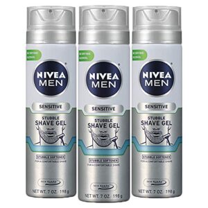nivea men sensitive skin & stubble shave gel – pack of 3 with beard softener for men – 7 oz. can, 21 ounce