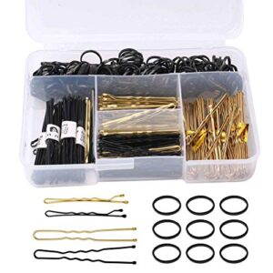 320 pcs bobby pins u hair pins set for women girls, includes 200 gold black different shapes hair pins and 120 rubber hair bands stocking stuffers for women kids