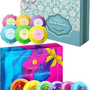 Bath Bombs Ultra Lux Gift Set - 6 XXL Fizzies with Natural Dead Sea Salt Cocoa and Shea Essential Oils Plus Aromatherapy Shower Steamers, Set of 6 Scent Tablets