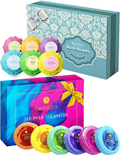 Bath Bombs Ultra Lux Gift Set - 6 XXL Fizzies with Natural Dead Sea Salt Cocoa and Shea Essential Oils Plus Aromatherapy Shower Steamers, Set of 6 Scent Tablets