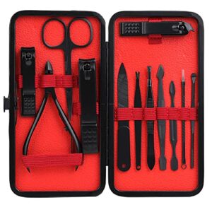 zizzon manicure set personal care, nail clippers set, professional pedicure set grooming kit 12 in 1 gift for men husband boyfriend parents and women elder patient nail care (black-red)