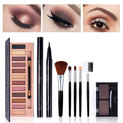 All in One Makeup Kit,12 Colors Nude Shimmer Eyeshadow Palette, Waterproof Black Eyeliner Pencil, Duo Pressed Eyebrow Powder Kit, 5 Brushes With Quicksand Cosmetic Bag Gift Set