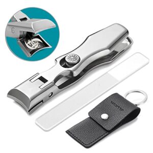vogarb nail clippers for thick nails long handle large wide jaw opening cutter with safety lock heavy duty for toenail fingernail no splash trimmer with catcher for men women adult seniors (silver)