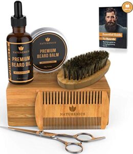 naturenics premium beard grooming kit for men – 100% organic unscented beard oil, beard balm butter wax, beard brush, beard comb, beard scissors for beard & mustache-with bamboo box & ebook