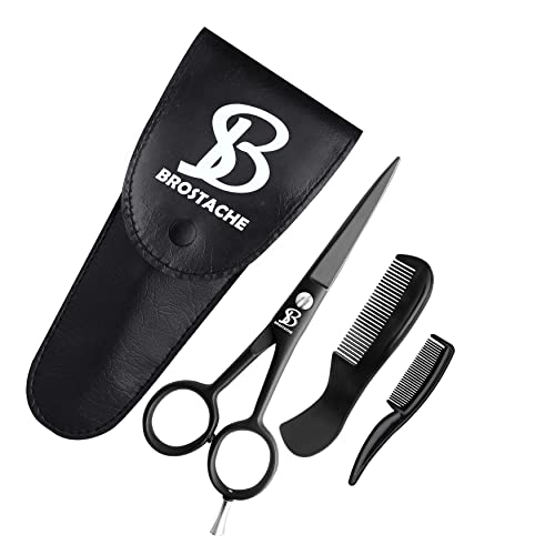 BROSTACHE Beard & Mustache Scissors for Men 5”, 2 comb & Leather Travel Pouch , Hand forged with Bevel edge For precision, Grooming Kit for Men with Extremely Sharp Scissors & Adjustable Screw