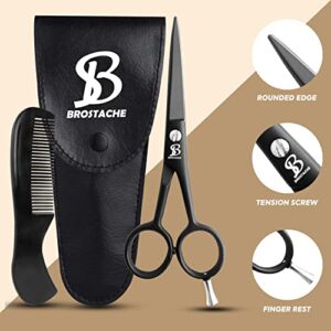 BROSTACHE Beard & Mustache Scissors for Men 5”, 2 comb & Leather Travel Pouch , Hand forged with Bevel edge For precision, Grooming Kit for Men with Extremely Sharp Scissors & Adjustable Screw