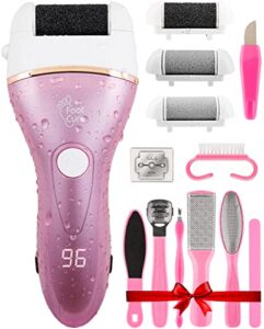electric foot callus remover – rechargeable portable electronic foot file for feet, best heel shaver for cracked heels, professional pedicure tool kits, foot care for dry dead skin, 3 rollers – pink