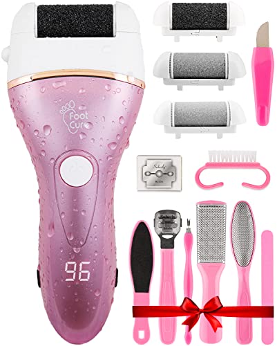 Electric Foot Callus Remover - Rechargeable Portable Electronic Foot File for Feet, Best Heel Shaver for Cracked Heels, Professional Pedicure Tool Kits, Foot Care for Dry Dead Skin, 3 Rollers - Pink