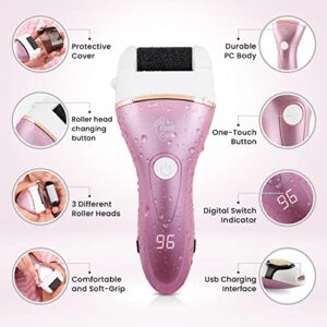 Electric Foot Callus Remover - Rechargeable Portable Electronic Foot File for Feet, Best Heel Shaver for Cracked Heels, Professional Pedicure Tool Kits, Foot Care for Dry Dead Skin, 3 Rollers - Pink