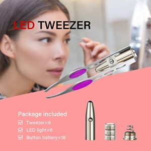 6 Pcs Light Tweezers Stainless Steel Tweezers with LED Light, Makeup Eyelash Eyebrow Hair Removal Tweezers Illuminating Lighted Tweezers for Precision Hair Removal Men Women (Red, Purple, Dark Blue)