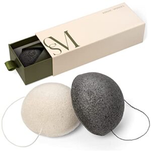 csm organic konjac sponges 3-pack for gentle exfoliating – facial cleansing sponge with activated bamboo charcoal to clean pores, remove impurities, exfoliate – 2 black, 1 white natural sponge