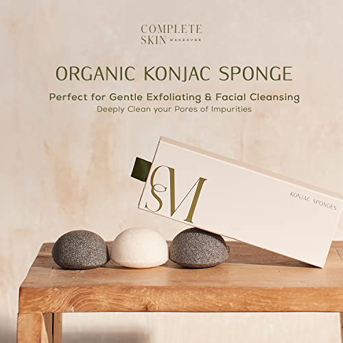 CSM Organic Konjac Sponges 3-Pack for Gentle Exfoliating - Facial Cleansing Sponge with Activated Bamboo Charcoal to Clean Pores, Remove Impurities, Exfoliate - 2 Black, 1 White Natural Sponge